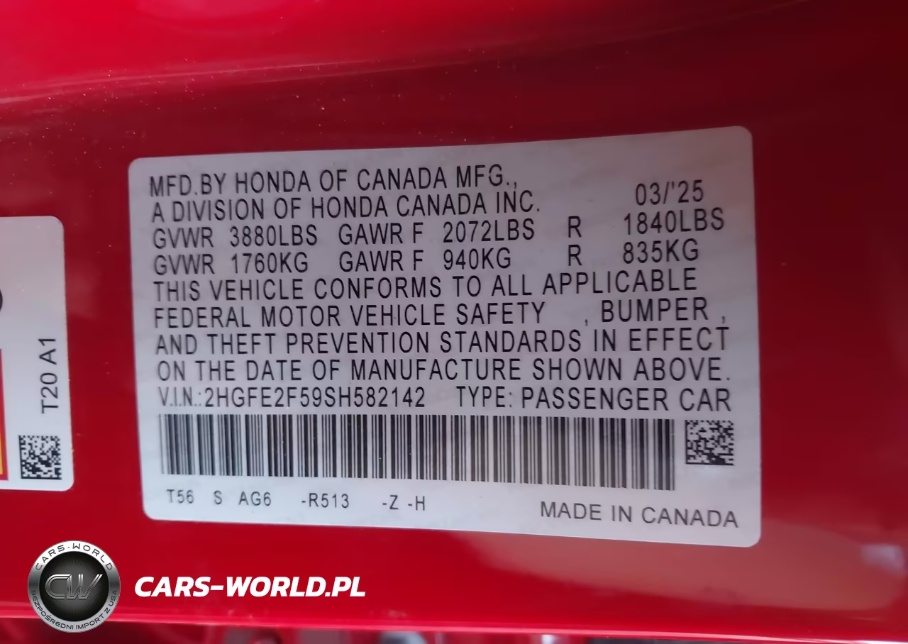 2025 Honda Civic Sport VIN:2HGFE2F59SH582142 - 9