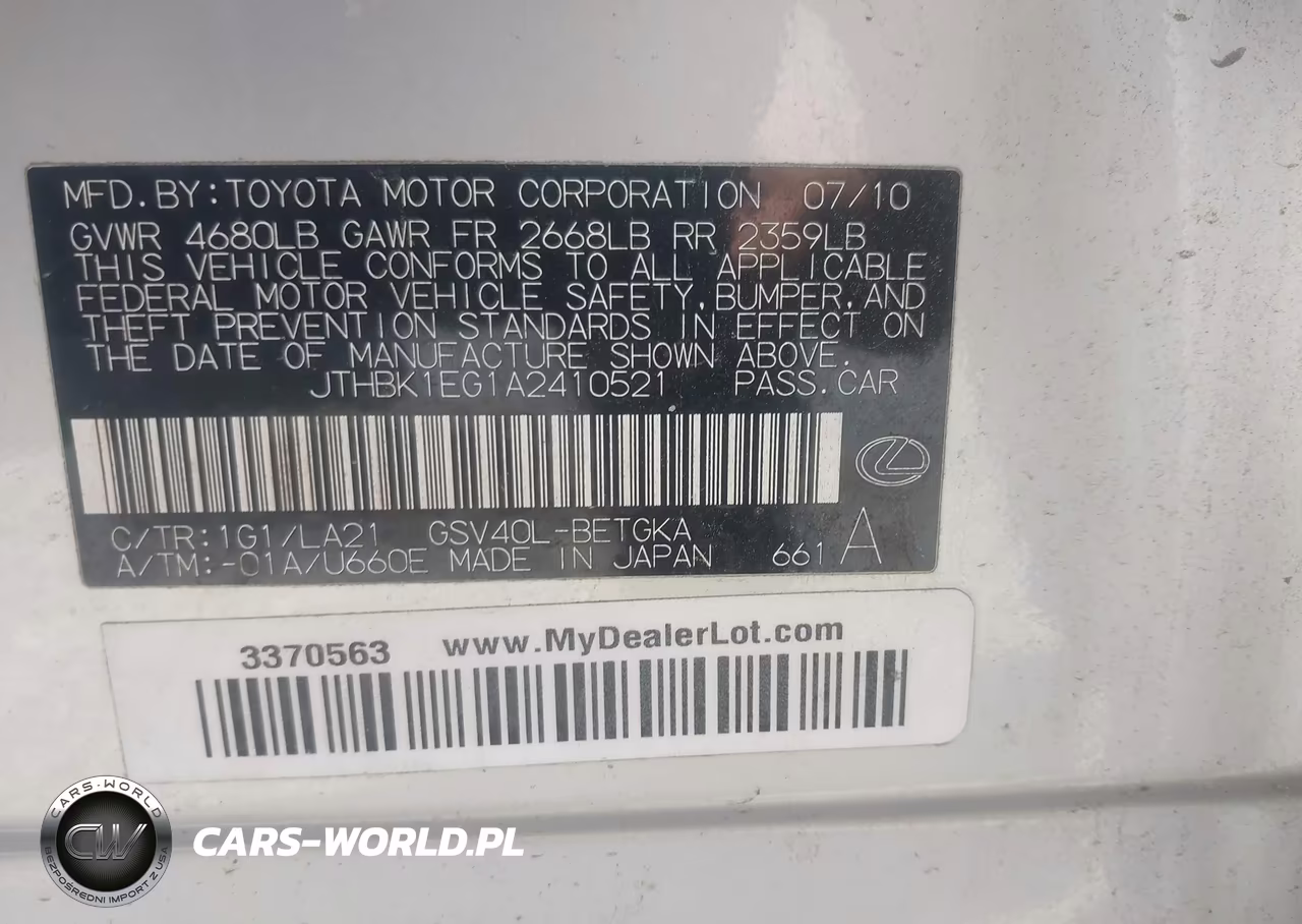 2010 Lexus Es 350 VIN:JTHBK1EG1A2410521 - 9