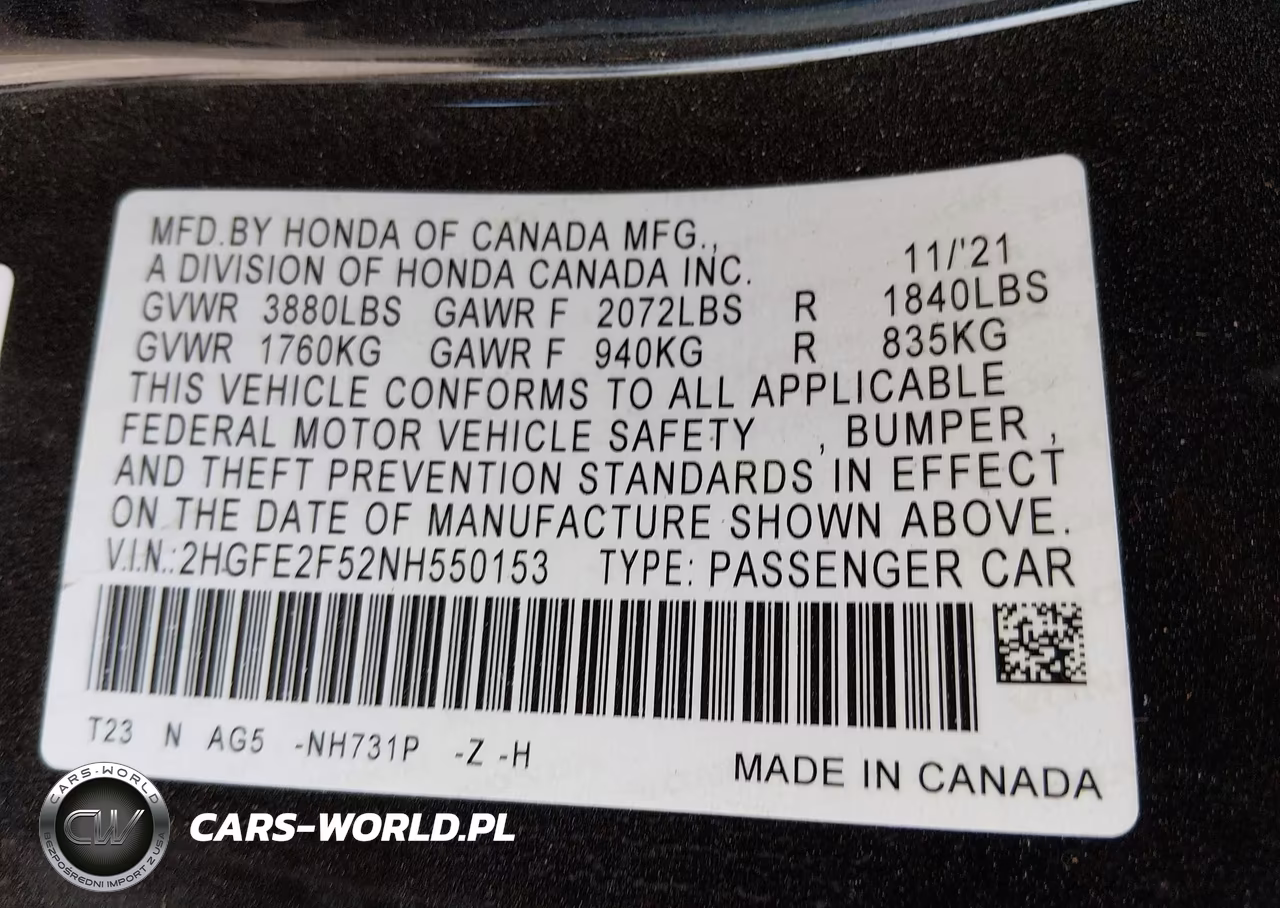 2022 Honda Civic Sport VIN:2HGFE2F52NH550153 - 9