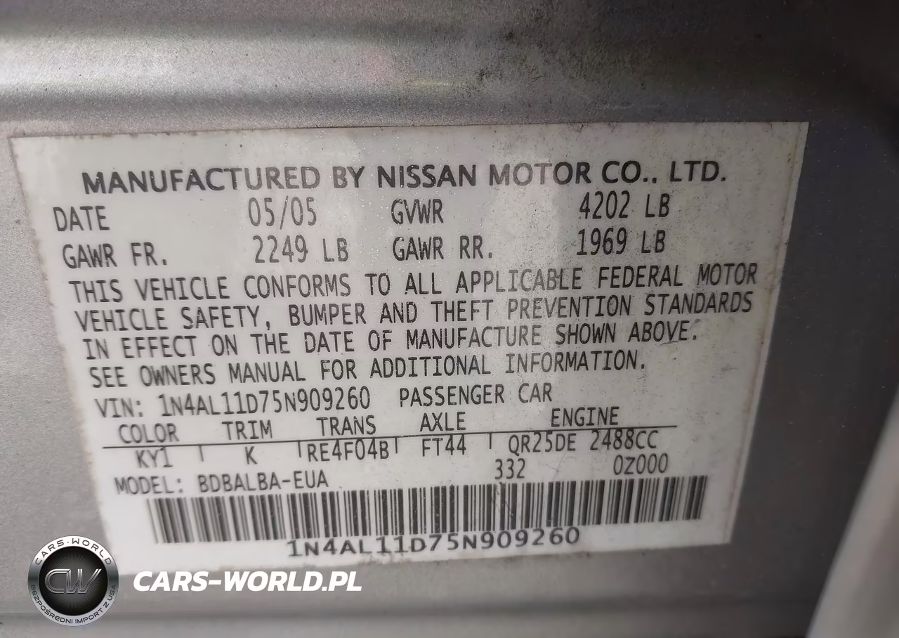 2005 Nissan Altima 2.5 S VIN:1N4AL11D75N909260 - 9