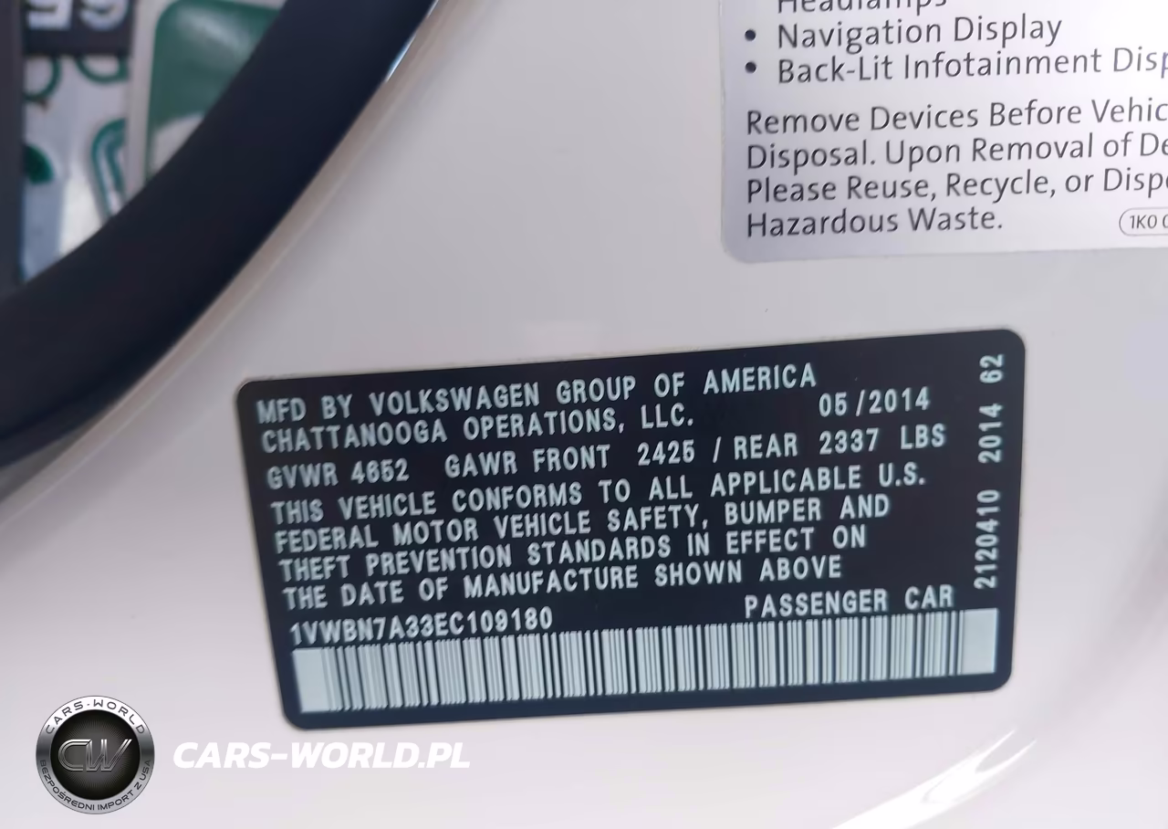 2014 Volkswagen Passat 2.0L Tdi Se VIN:1VWBN7A33EC109180 - 9