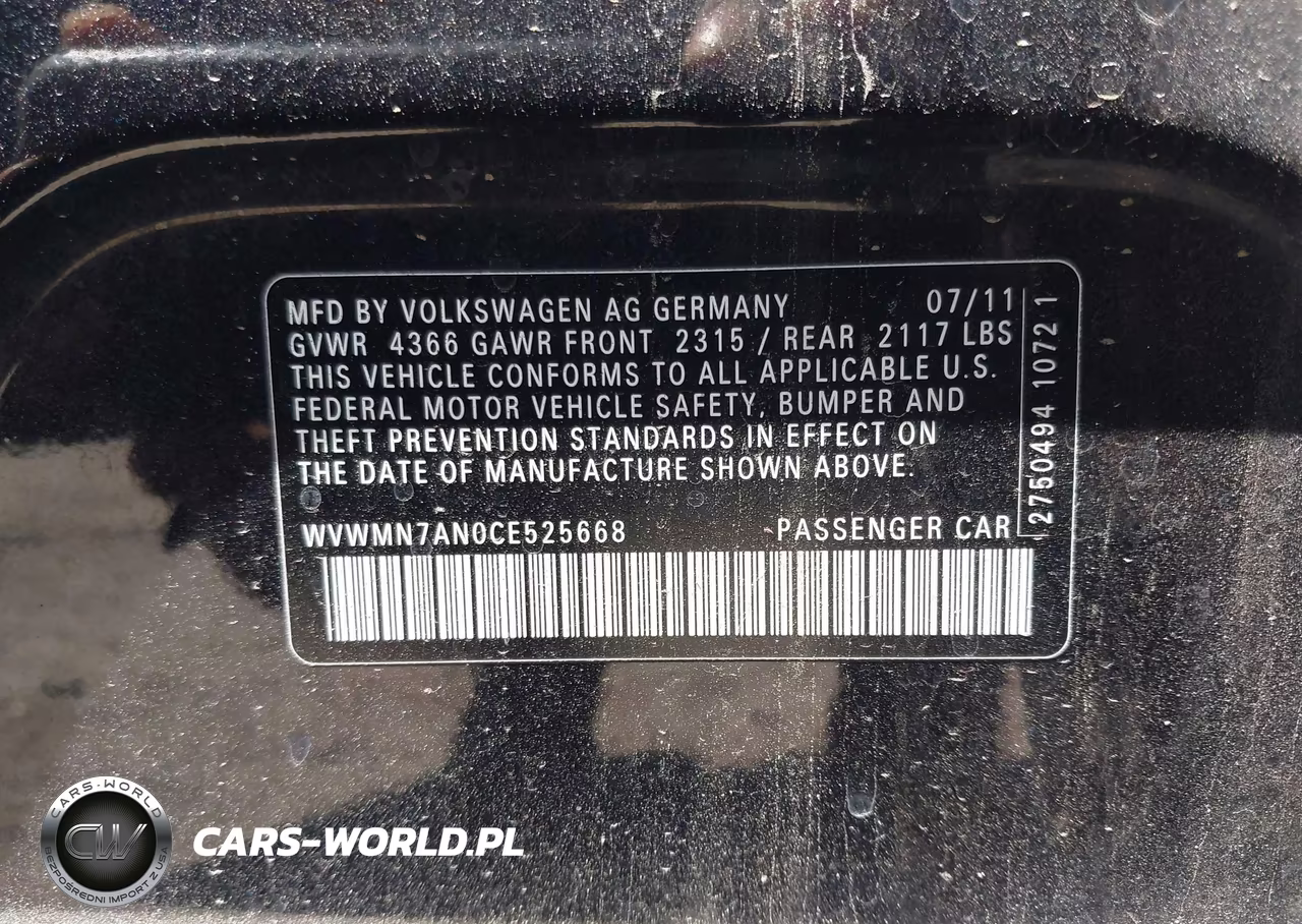 2012 Volkswagen Cc Sport VIN:WVWMN7AN0CE525668 - 9