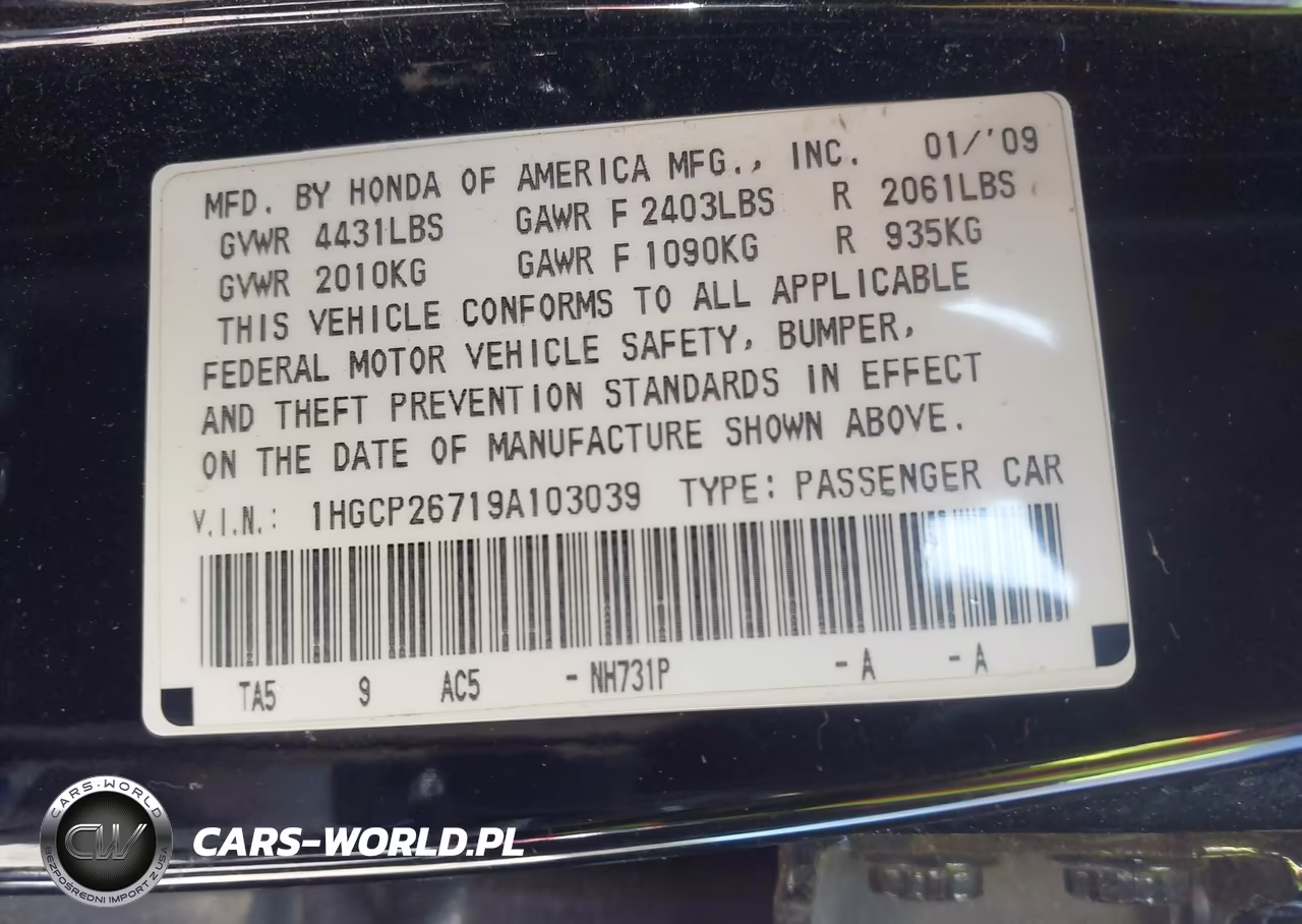 2009 Honda Accord 2.4 Ex VIN:1HGCP26719A103039 - 9