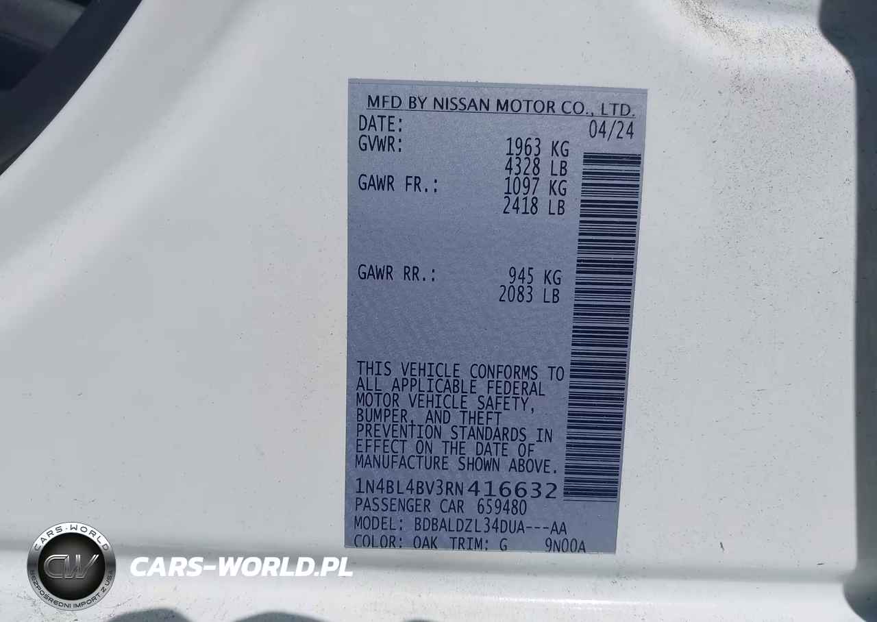 2024 Nissan Altima S Fwd VIN:1N4BL4BV3RN416632 - 9