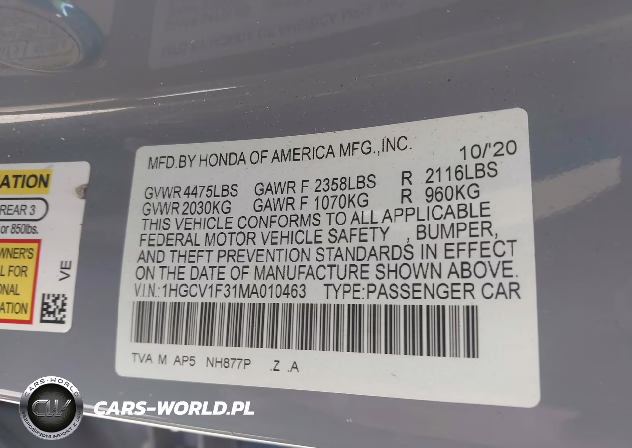 2021 Honda Accord Sport VIN:1HGCV1F31MA010463 - 9