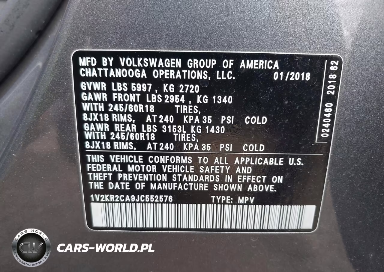 2018 Volkswagen Atlas 3.6L V6 Se VIN:1V2KR2CA9JC552576 - 9