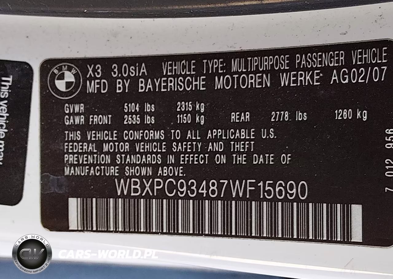 2007 BMW X3 3.0Si VIN:WBXPC93487WF15690 - 9