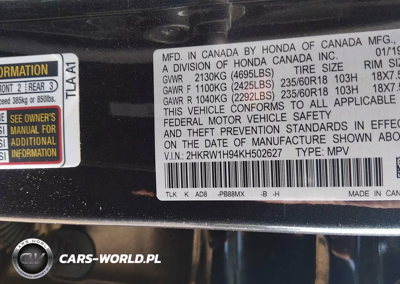 2019 Honda Cr-V Touring VIN:2HKRW1H94KH502627 - 9