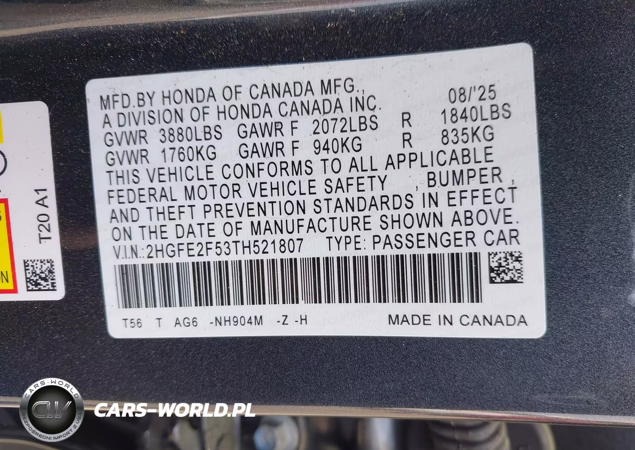 2026 Honda Civic Sport VIN:2HGFE2F53TH521807 - 9