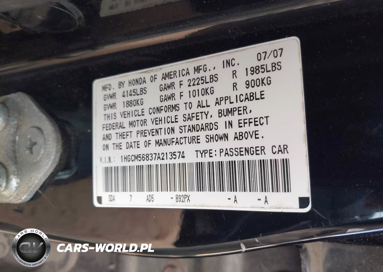 2007 Honda Accord 2.4 Ex VIN:1HGCM56837A213574 - 9