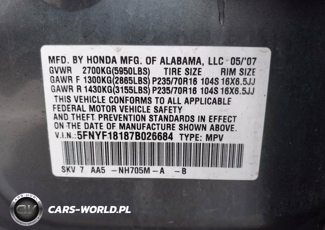 2007 Honda Pilot Lx VIN:5FNYF18187B026684 - 9