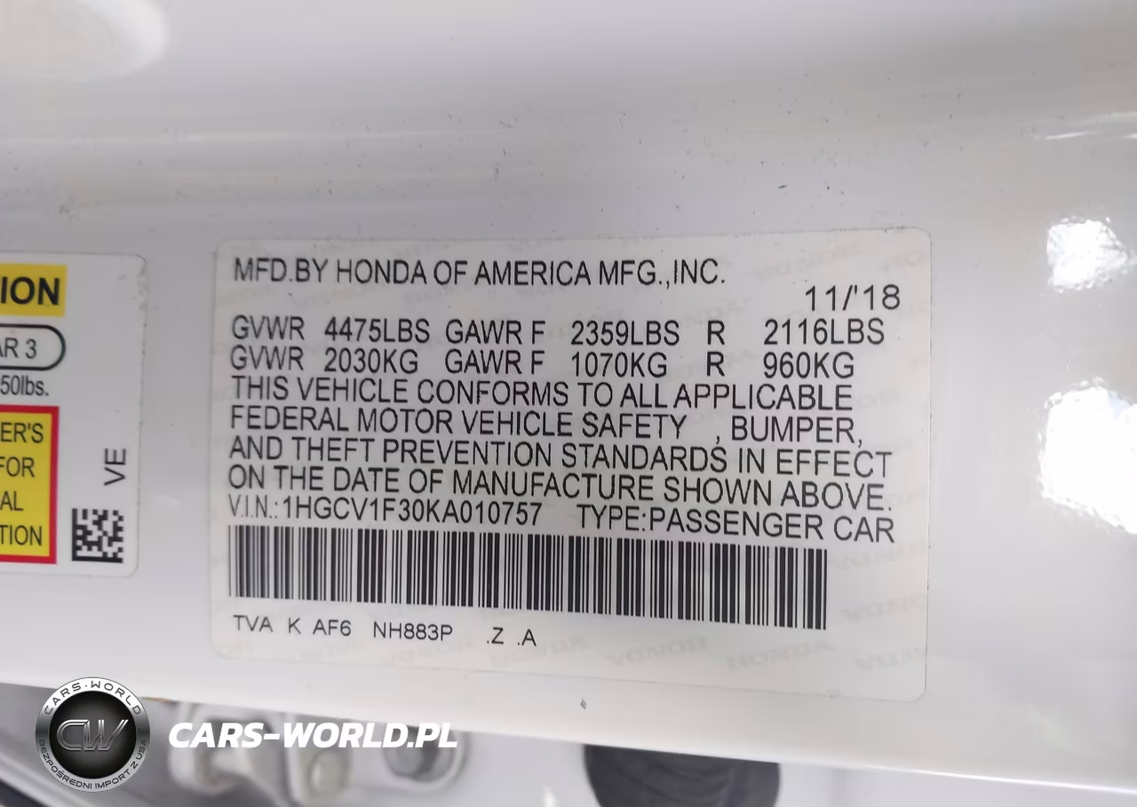 2019 Honda Accord Sport VIN:1HGCV1F30KA010757 - 9