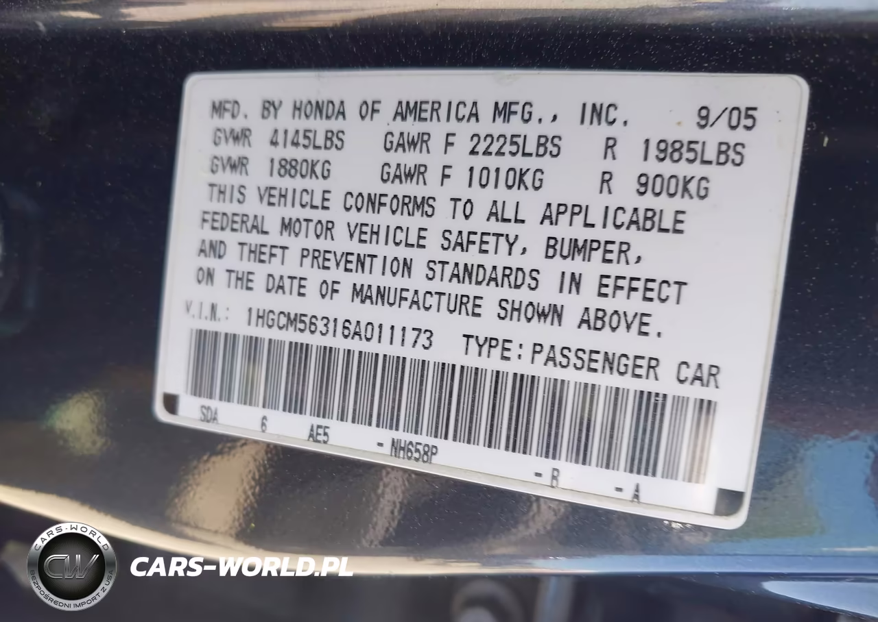 2006 Honda Accord 2.4 Se VIN:1HGCM56316A011173 - 9