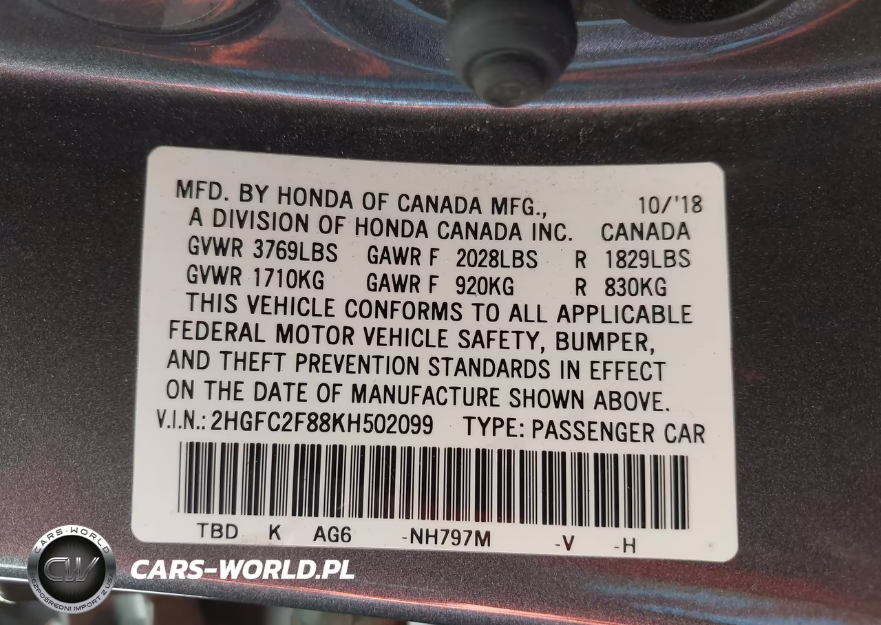 2019 Honda Civic Sport VIN:2HGFC2F88KH502099 - 9