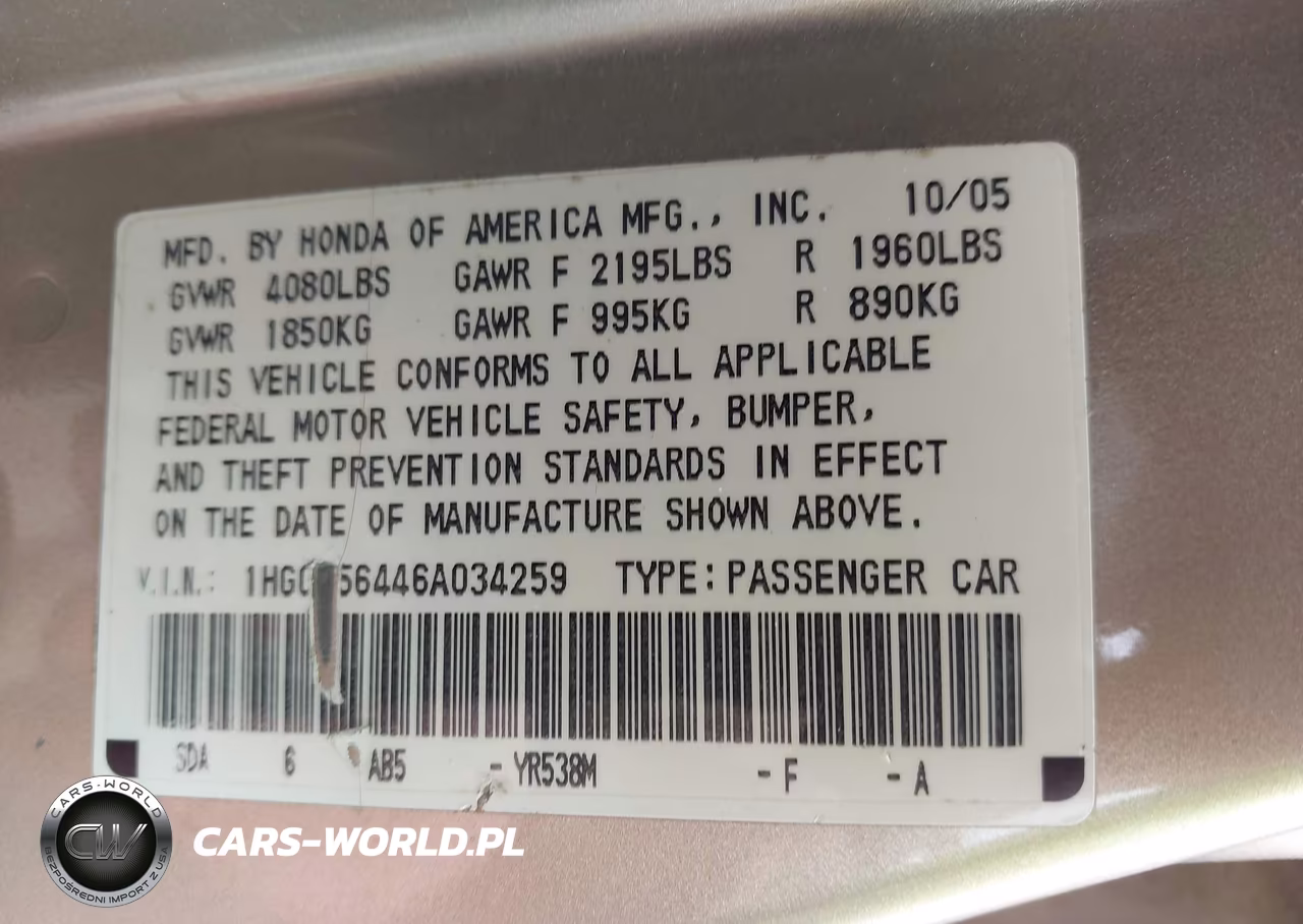 2006 Honda Accord 2.4 Lx VIN:1HGCM56446A034259 - 9