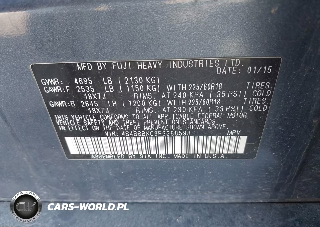 2015 Subaru Outback 2.5I Limited VIN:4S4BSBNC3F3288598 - 9