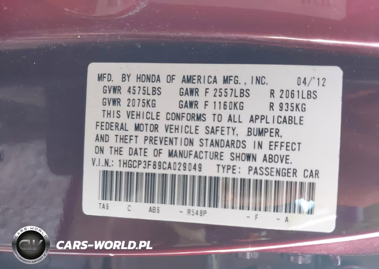 2012 Honda Accord 3.5 Ex-L VIN:1HGCP3F89CA029049 - 9