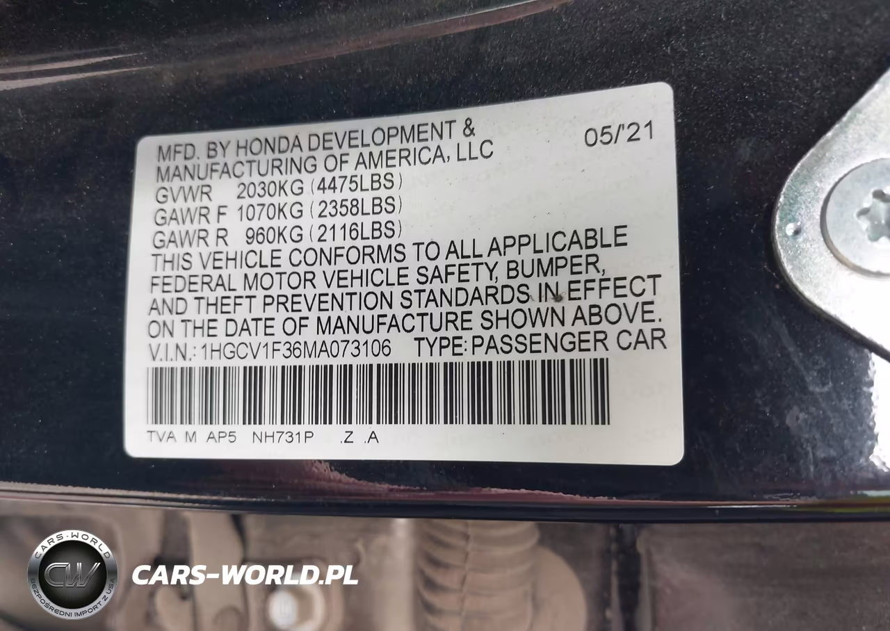 2021 Honda Accord Sport VIN:1HGCV1F36MA073106 - 9