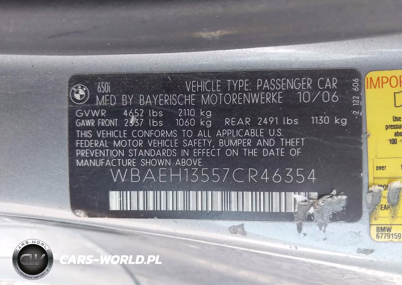 2007 BMW 650I VIN:WBAEH13557CR46354 - 9