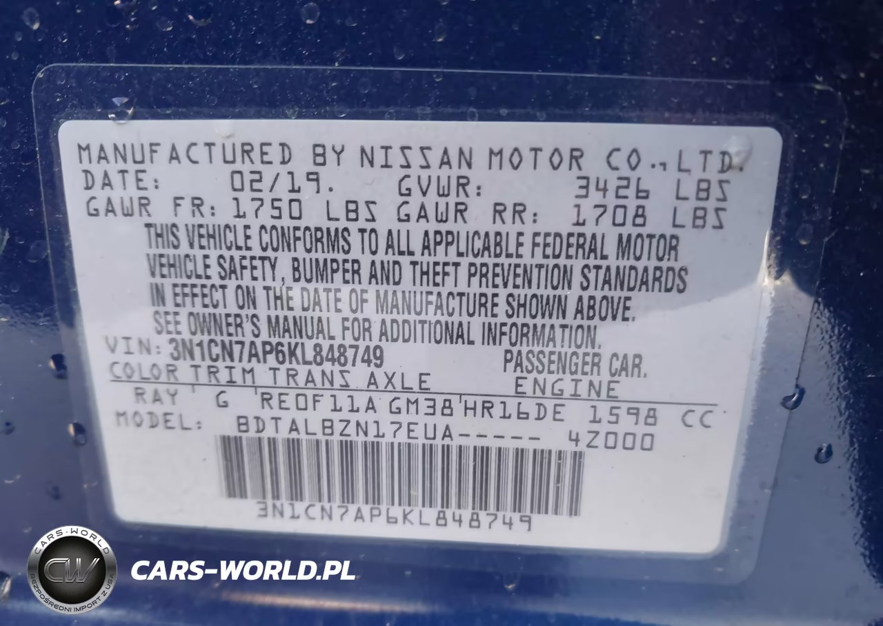 2019 Nissan Versa 1.6 Sv VIN:3N1CN7AP6KL848749 - 9