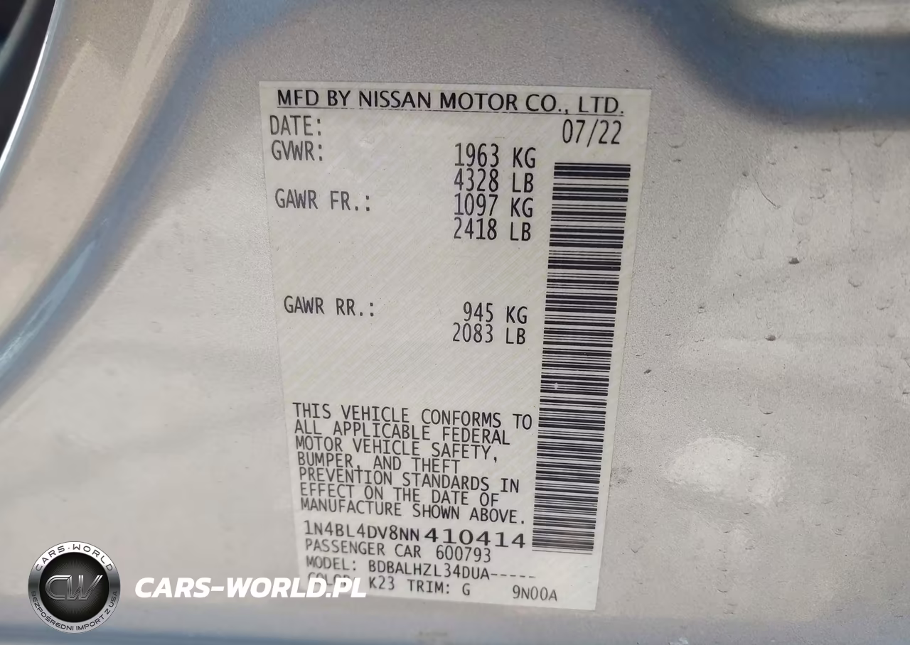 2022 Nissan Altima Sv Fwd VIN:1N4BL4DV8NN410414 - 9