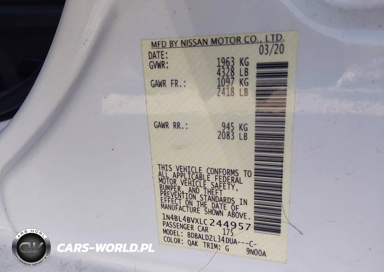 2020 Nissan Altima S Fwd VIN:1N4BL4BVXLC244957 - 9