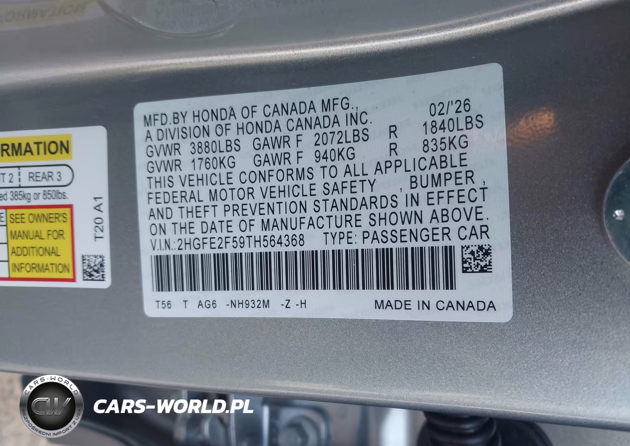 2026 Honda Civic Sport VIN:2HGFE2F59TH564368 - 9