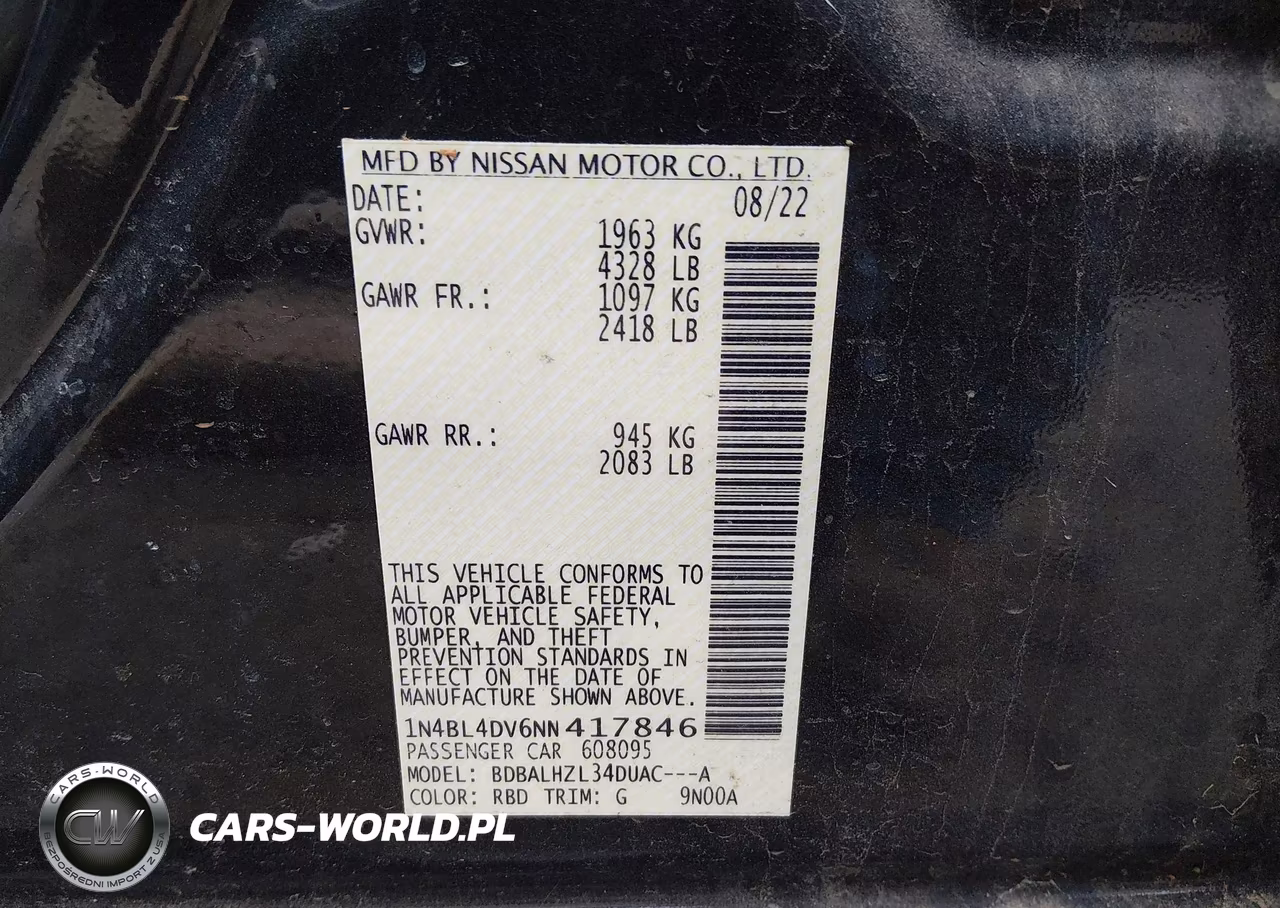 2022 Nissan Altima Sv Fwd VIN:1N4BL4DV6NN417846 - 9
