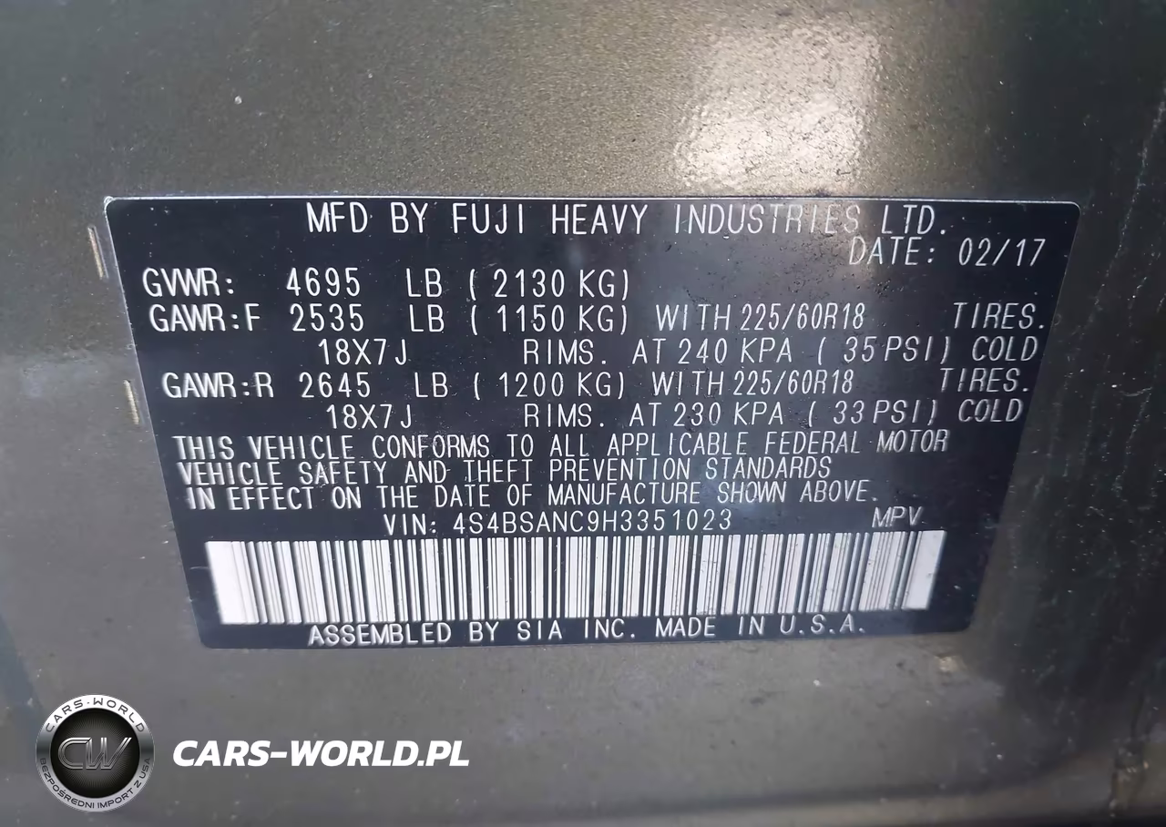 2017 Subaru Outback 2.5I Limited VIN:4S4BSANC9H3351023 - 9