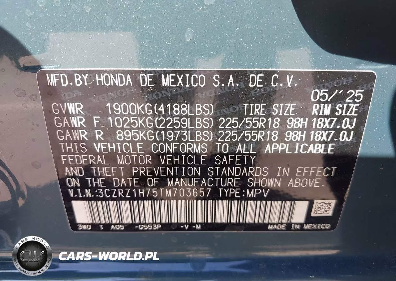 2026 Honda Hr-V 2Wd Ex-L VIN:3CZRZ1H75TM703657 - 9