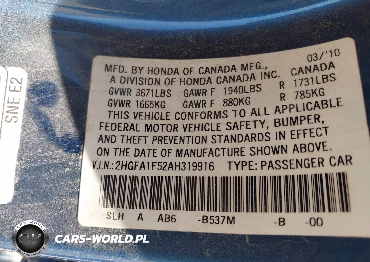2010 Honda Civic Lx VIN:2HGFA1F52AH319916 - 9