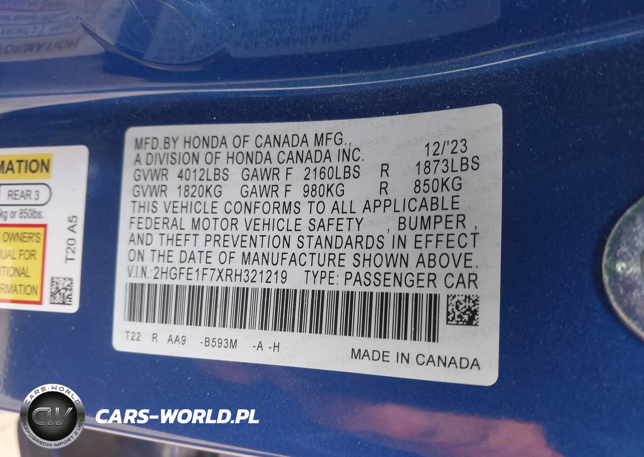 2024 Honda Civic Ex VIN:2HGFE1F7XRH321219 - 9