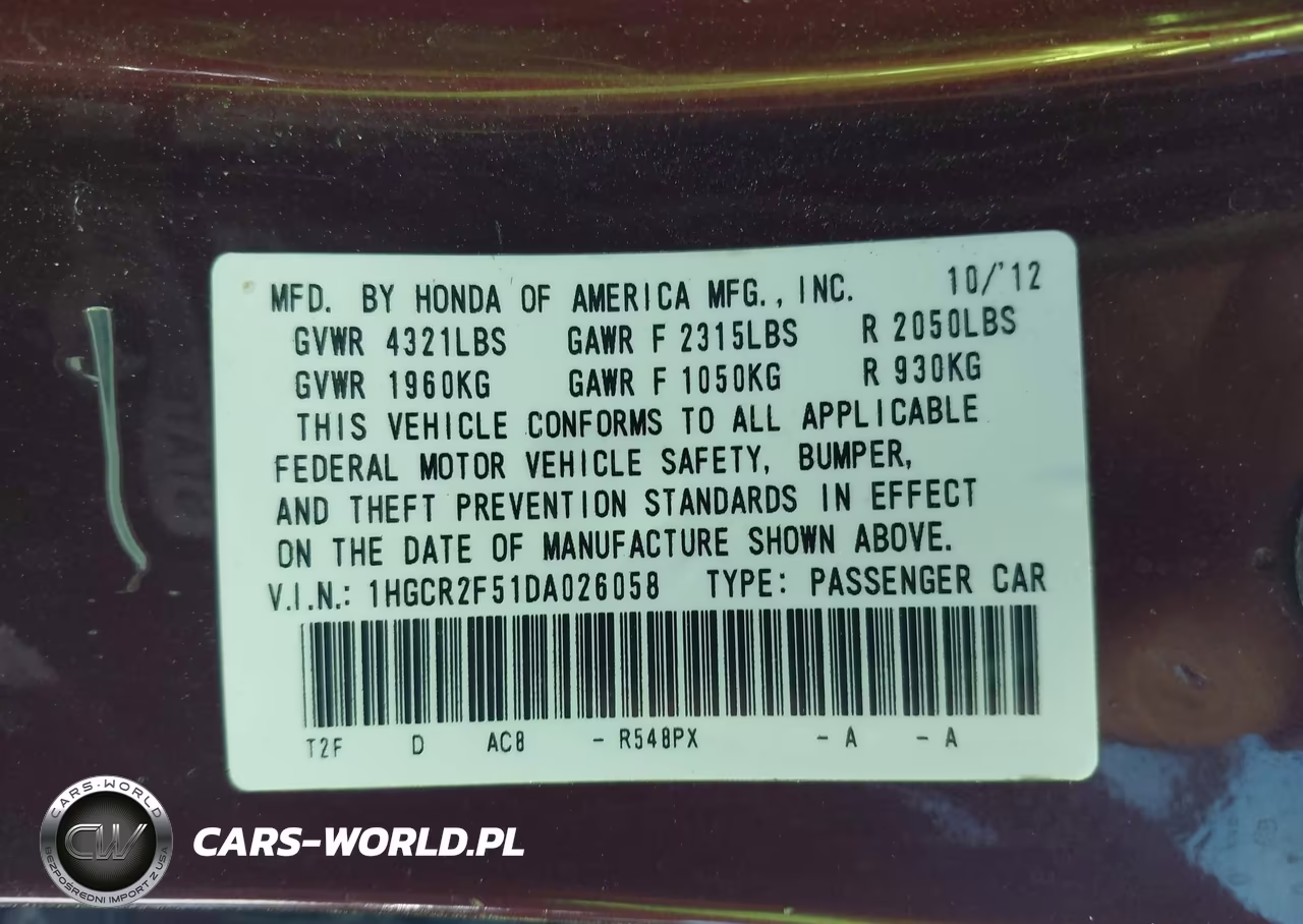 HONDA ACCORD VIN:1HGCR2F51DA026058 - 9
