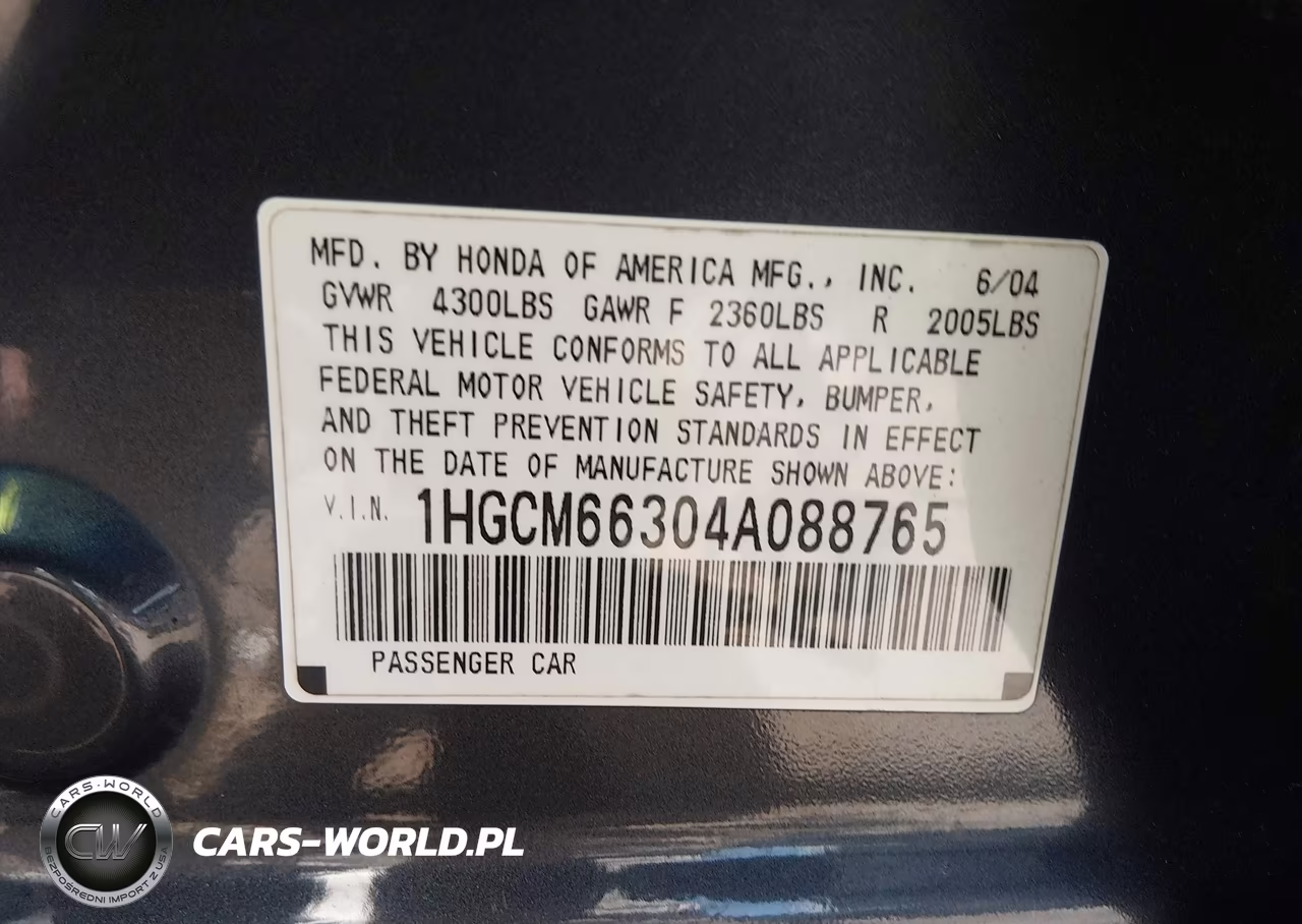 2004 Honda Accord 3.0 Lx VIN:1HGCM66304A088765 - 9