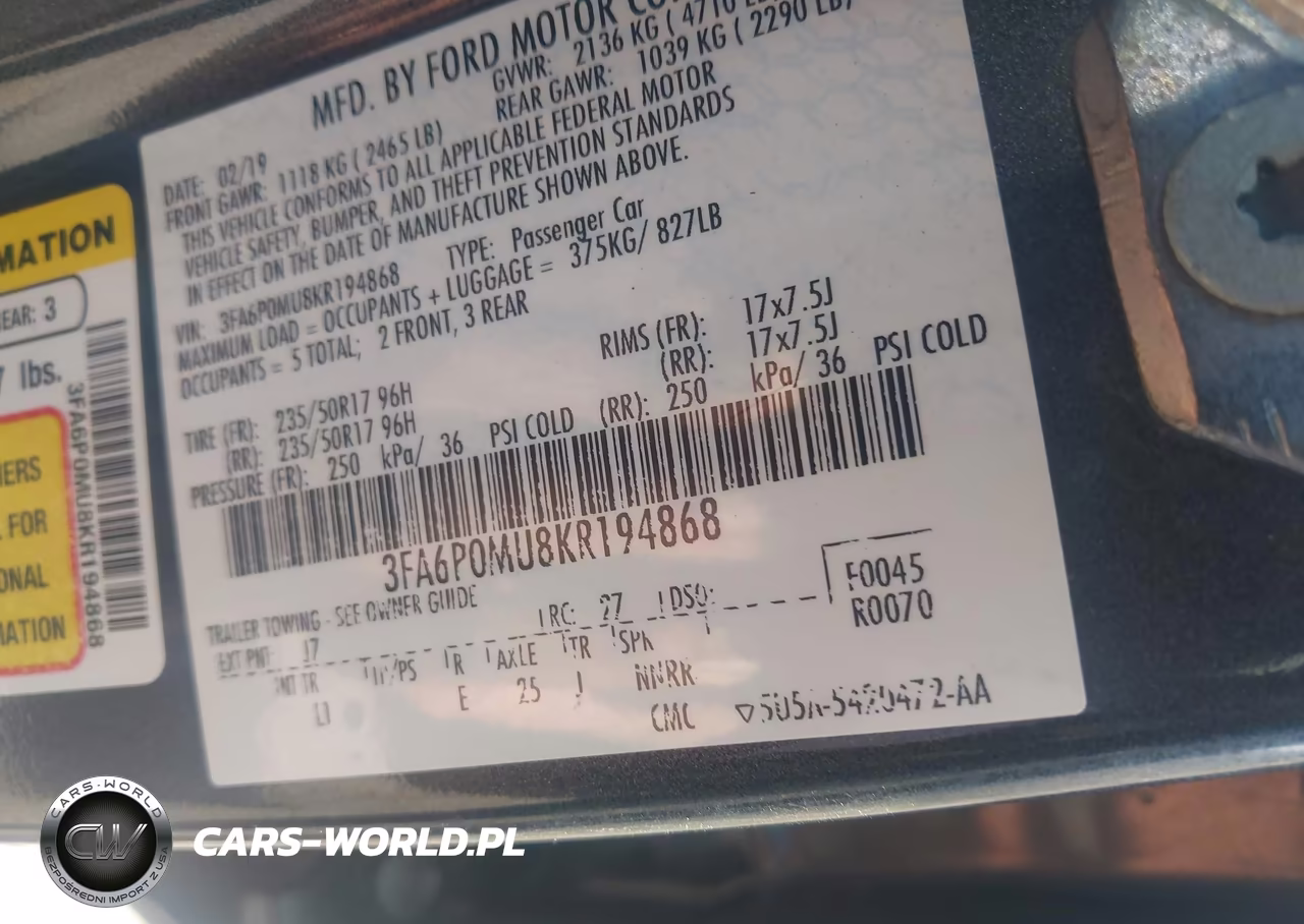 2019 Ford Fusion Hybrid Sel VIN:3FA6P0MU8KR194868 - 9