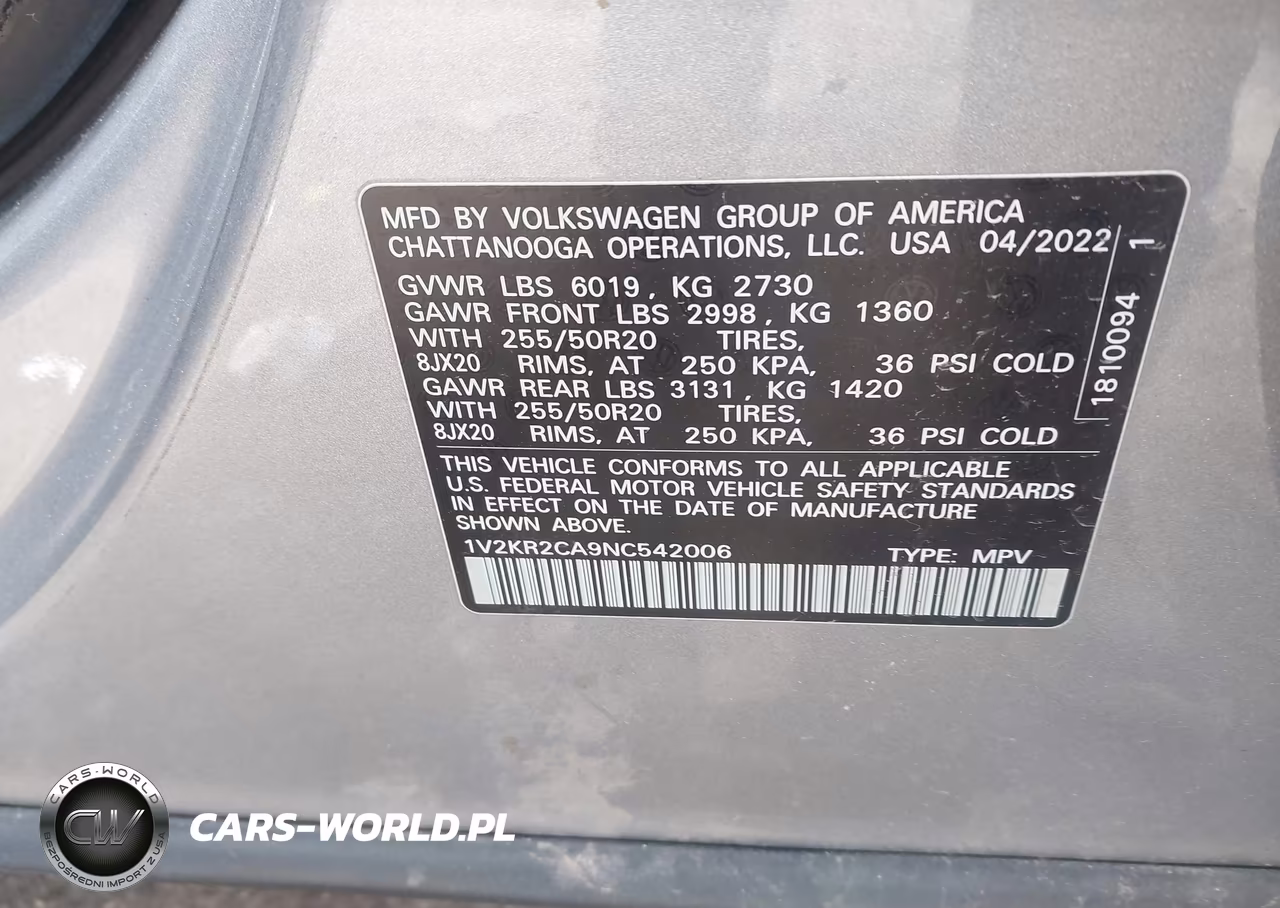 2022 Volkswagen Atlas 3.6L V6 Se W-Technology VIN:1V2KR2CA9NC542006 - 9