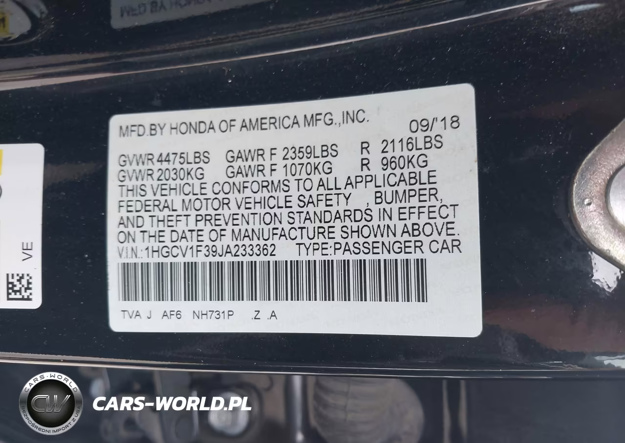 2018 Honda Accord Sport VIN:1HGCV1F39JA233362 - 9