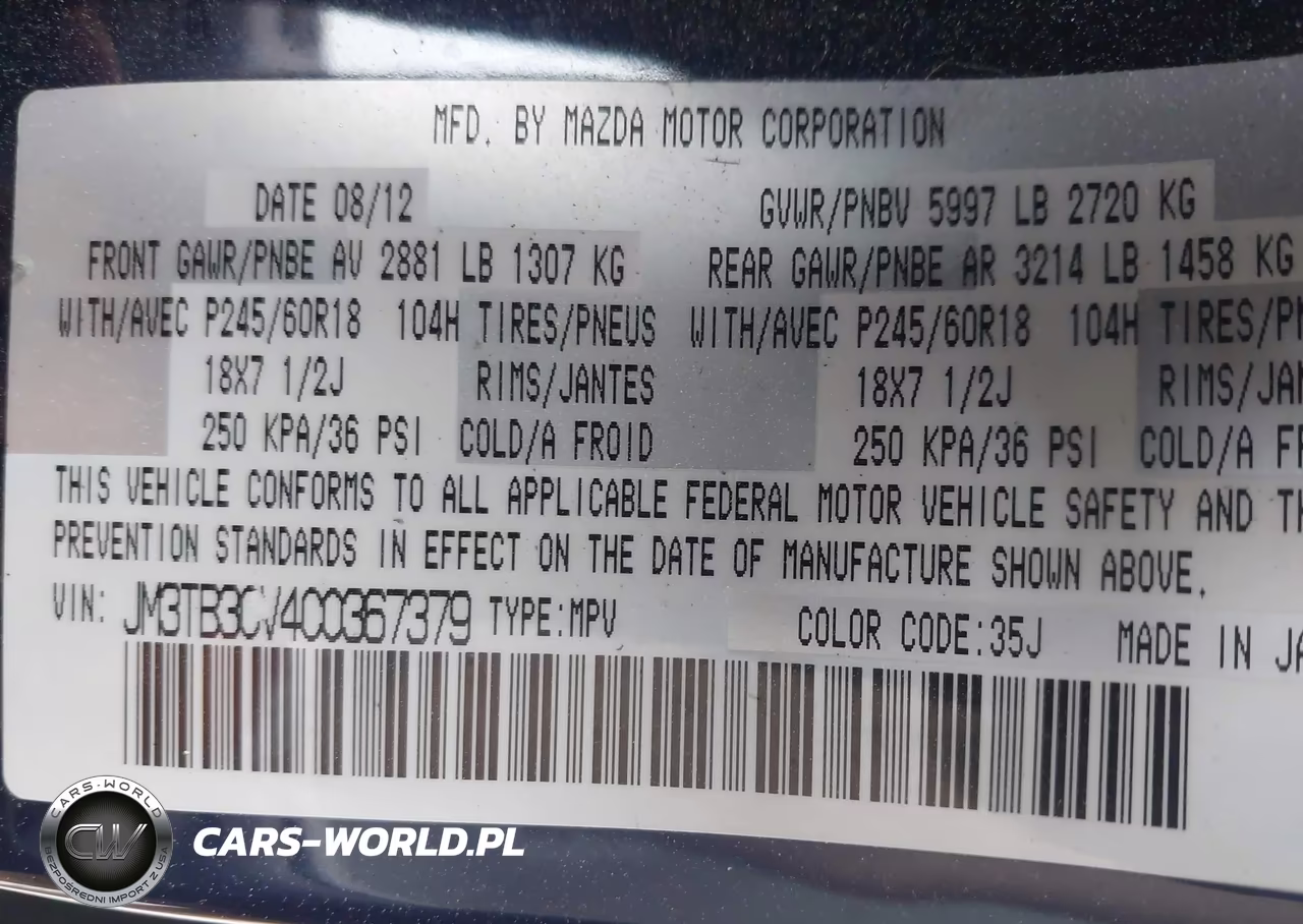 2012 Mazda Cx-9 Touring VIN:JM3TB3CV4C0367379 - 9