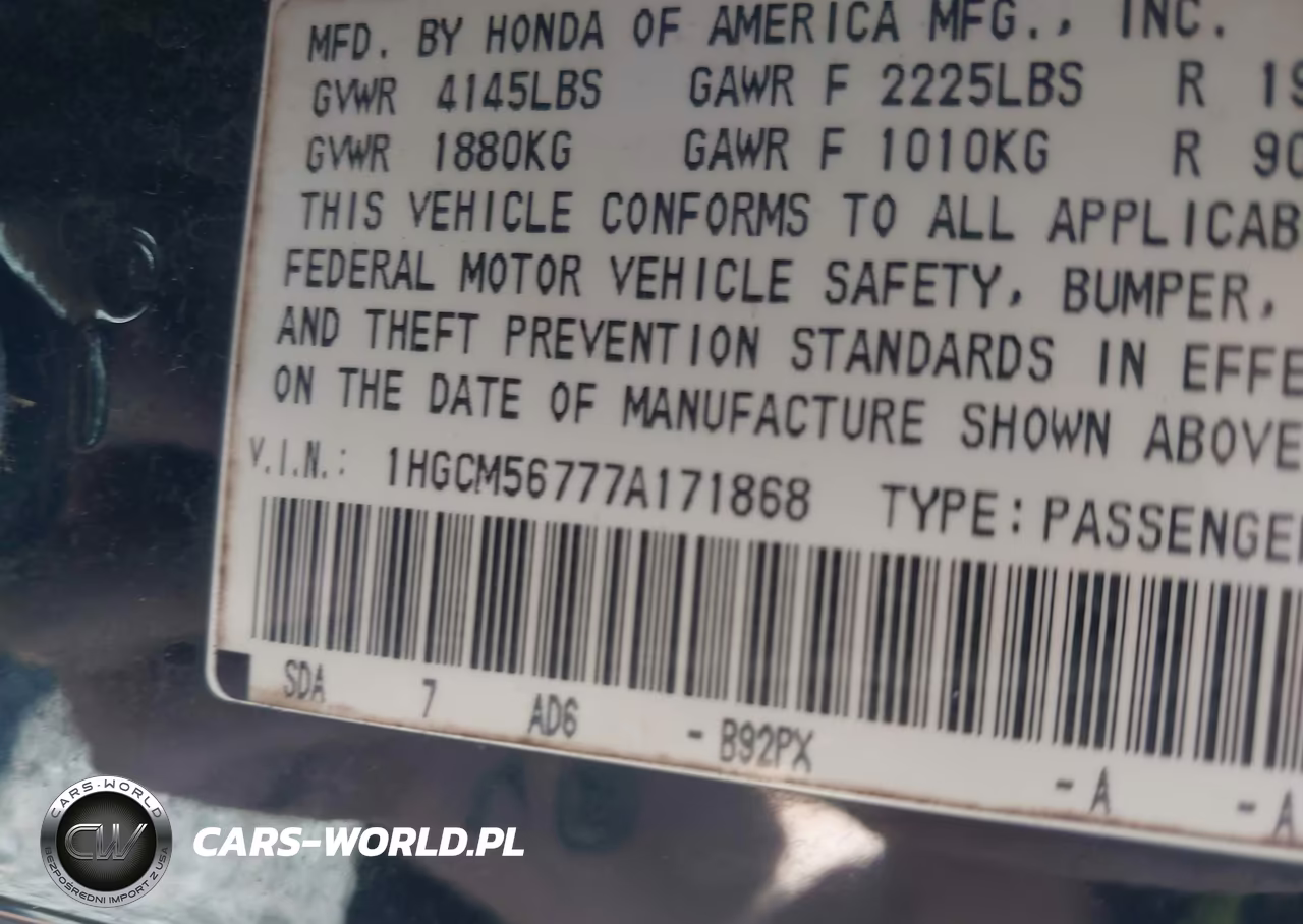 2007 Honda Accord 2.4 Ex VIN:1HGCM56777A171868 - 9