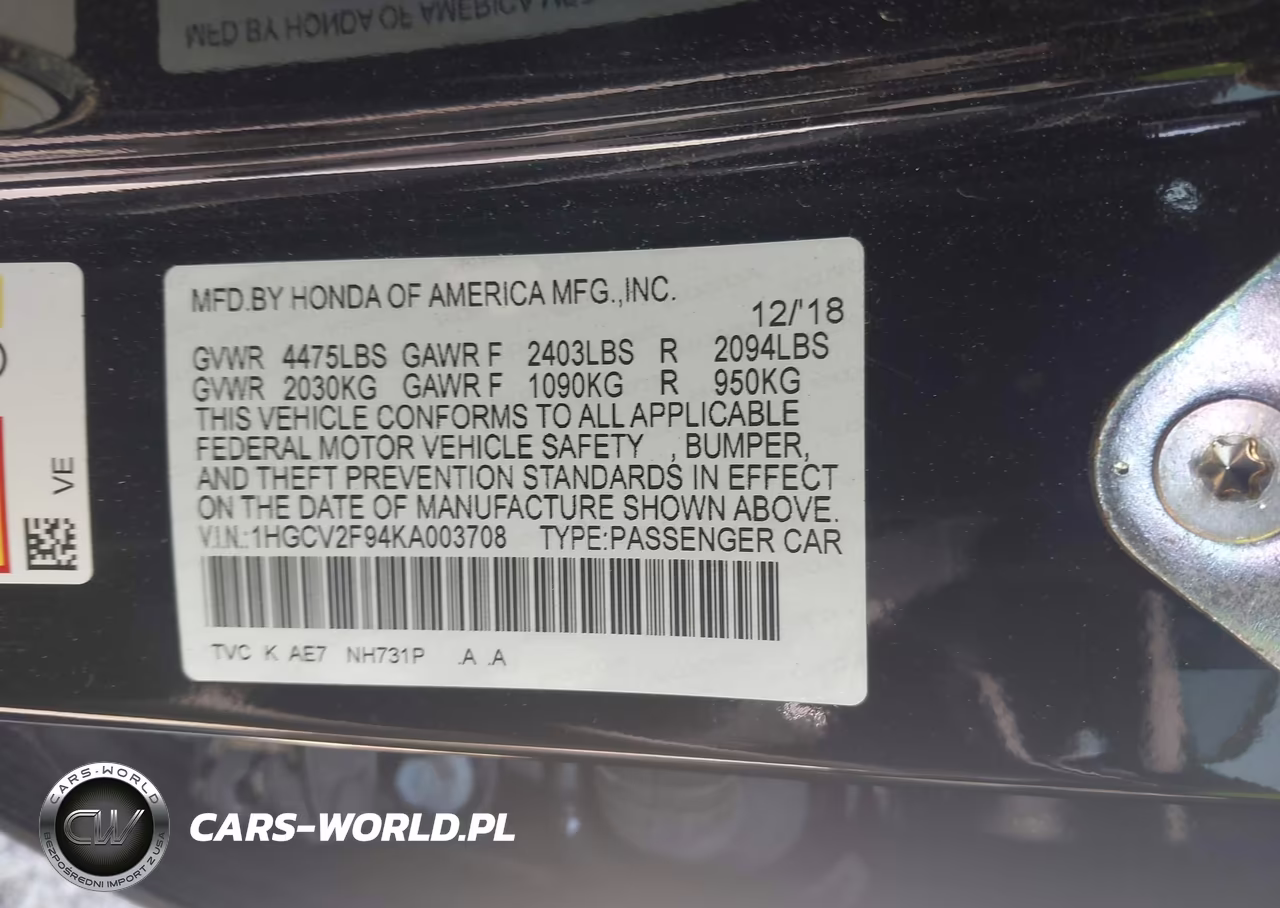 HONDA ACCORD VIN:1HGCV2F94KA003708 - 9