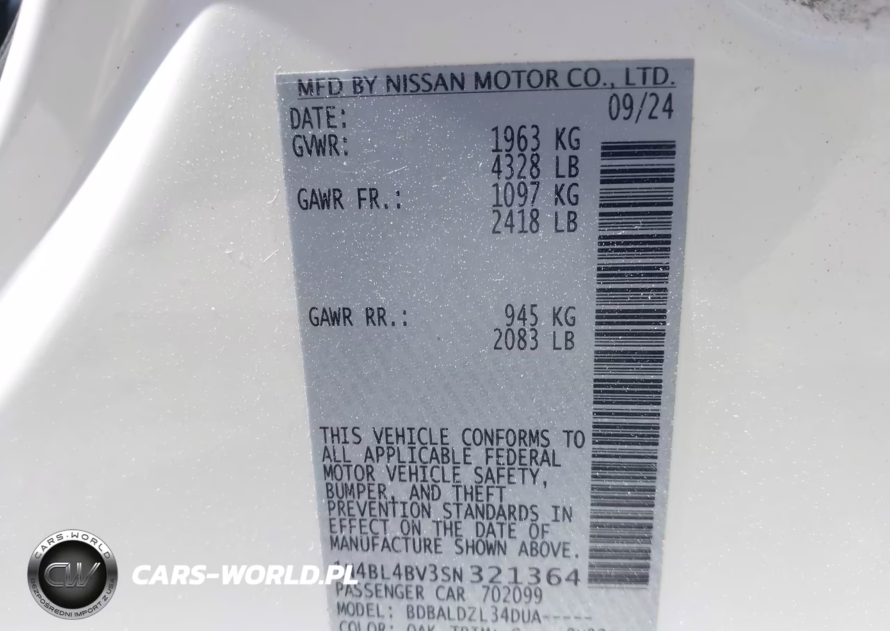 2025 Nissan Altima S Fwd VIN:1N4BL4BV3SN321364 - 9