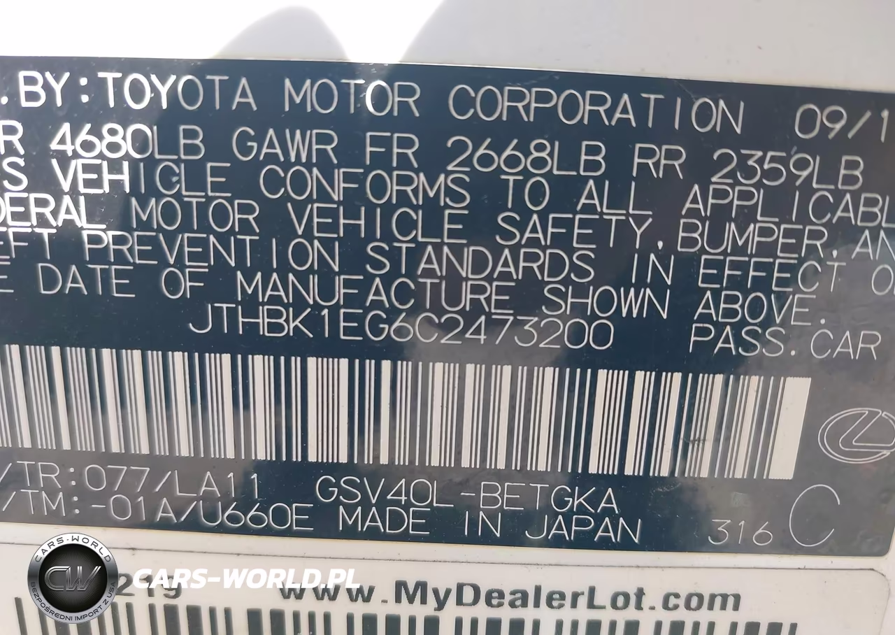 2012 Lexus Es 350 VIN:JTHBK1EG6C2473200 - 9