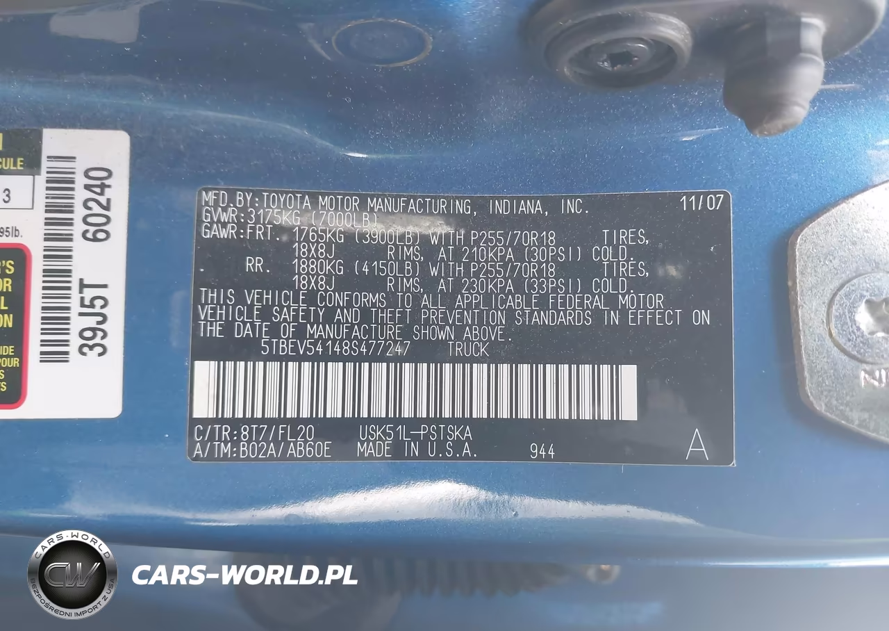 2008 Toyota Tundra Sr5 5.7L V8 VIN:5TBEV54148S477247 - 9