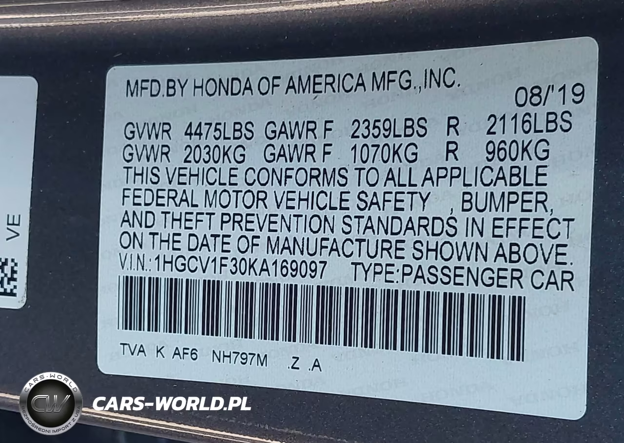 2019 Honda Accord Sport VIN:1HGCV1F30KA169097 - 9