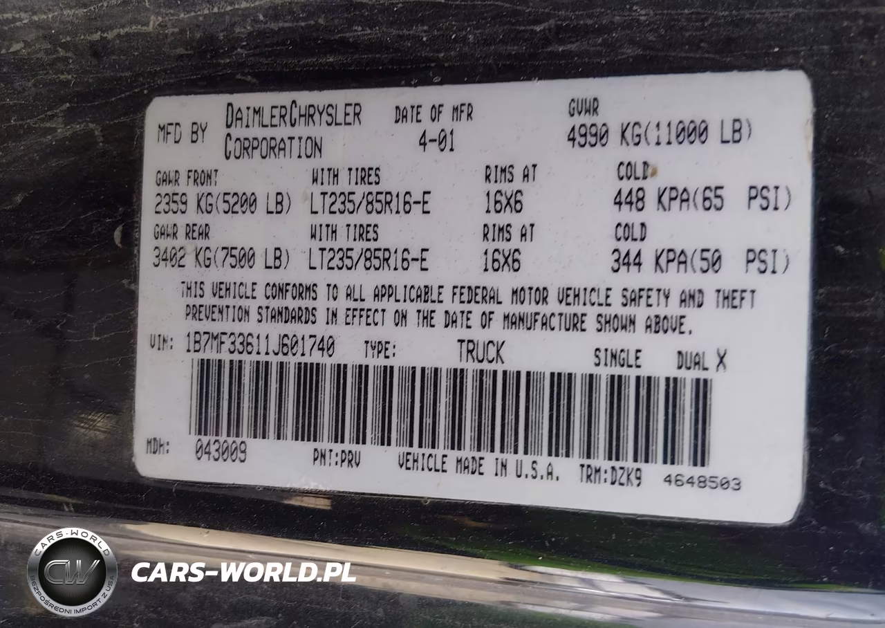 2001 Dodge Ram 3500 St VIN:1B7MF33611J601740 - 9
