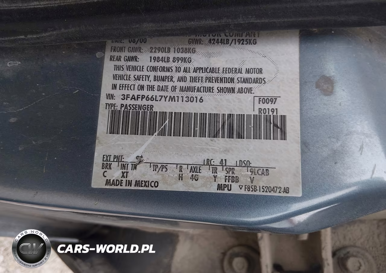 2000 Ford Contour Se Sport VIN:3FAFP66L7YM113016 - 9