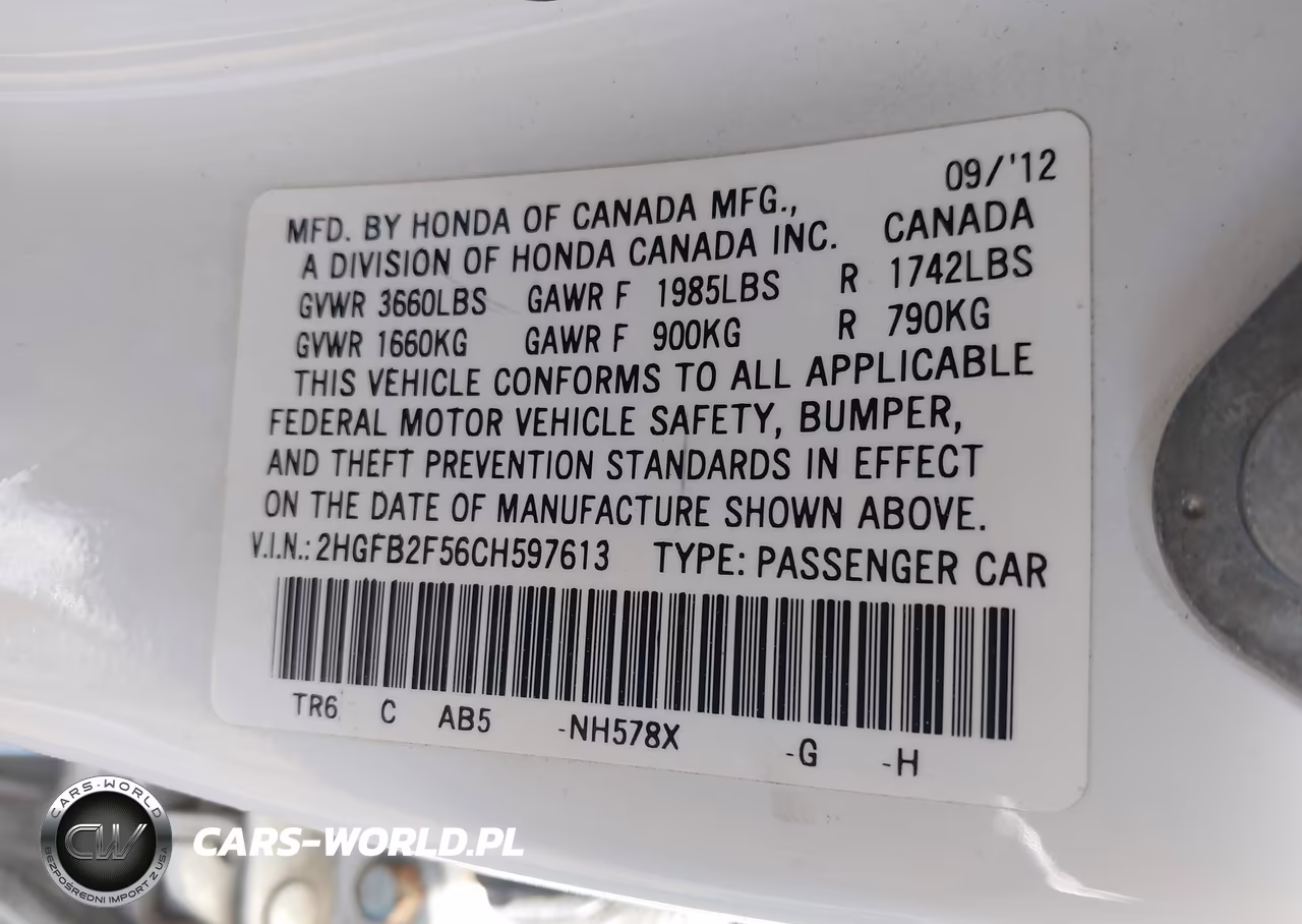 2012 Honda Civic Lx VIN:2HGFB2F56CH597613 - 9