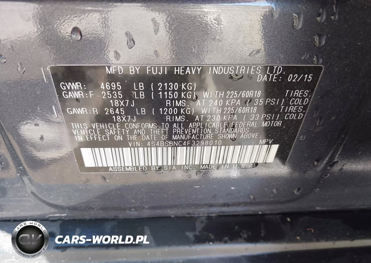 2015 Subaru Outback 2.5I Limited VIN:4S4BSBNC4F3298010 - 9