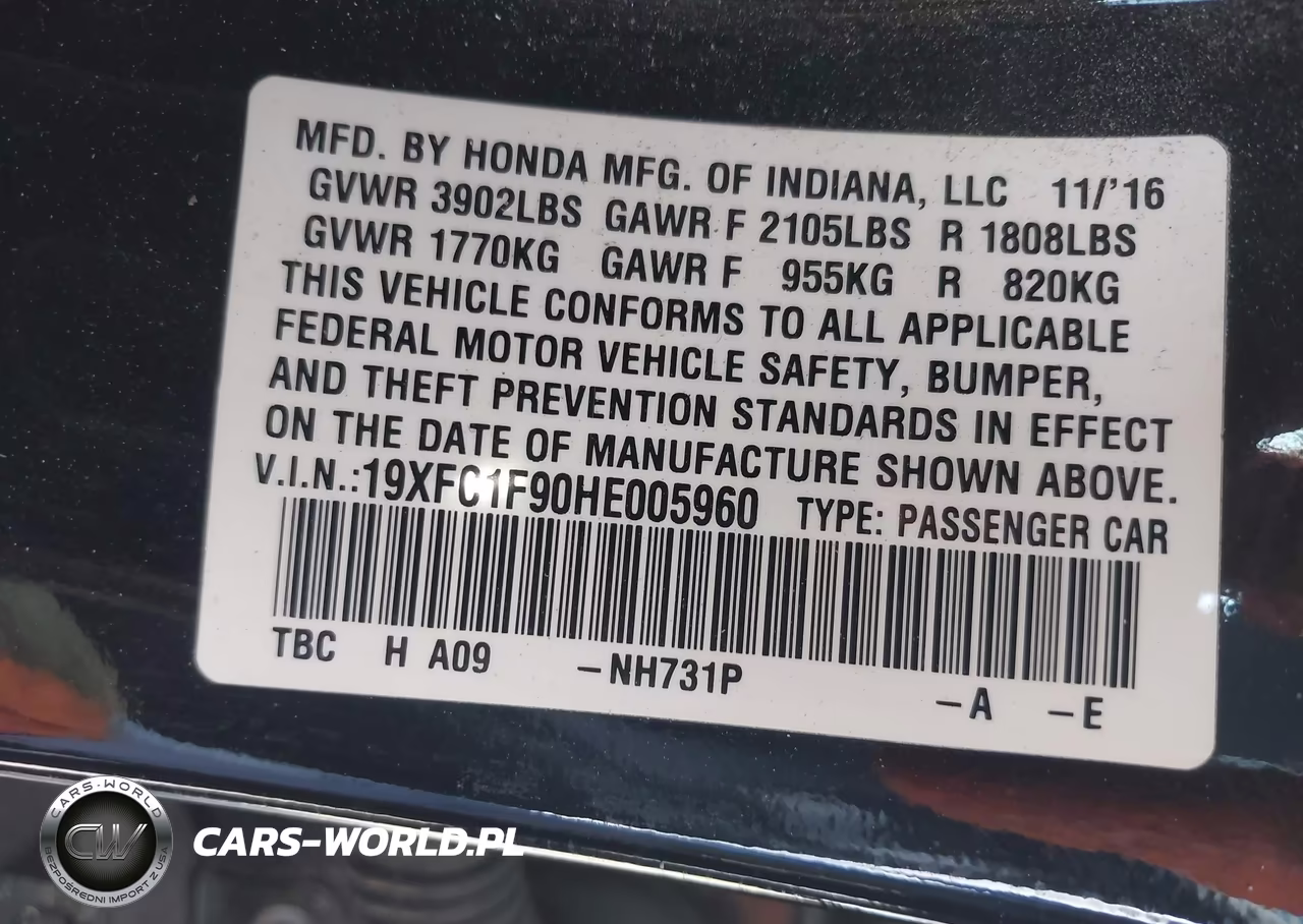 2017 Honda Civic Touring VIN:19XFC1F90HE005960 - 9
