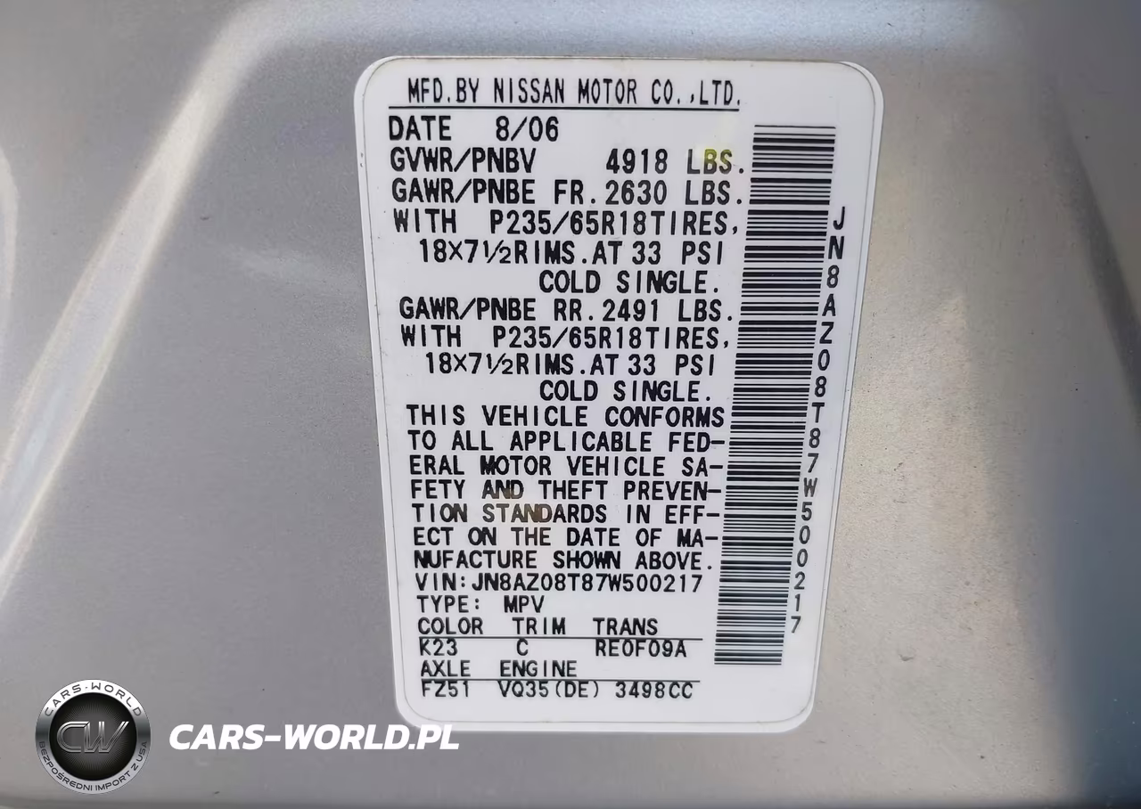 2007 Nissan Murano Sl VIN:JN8AZ08T87W500217 - 9